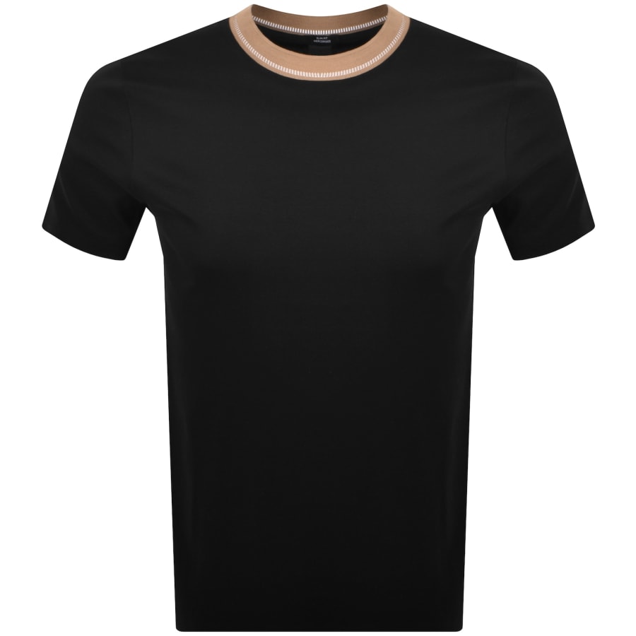 Tシャツ・カットソー BOSS Men T-shirt Black 50501097 001 BOSS - Cotton-jersey T-shirt with signature-stripe cuffs - Black
